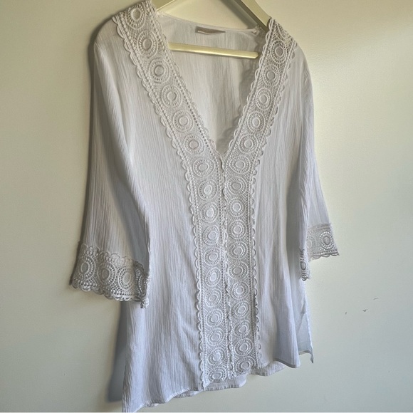 La Blanca White Lace Boho Tunic Blouse Beach Resort Cover Up Crochet Trim Size S - Picture 4 of 13